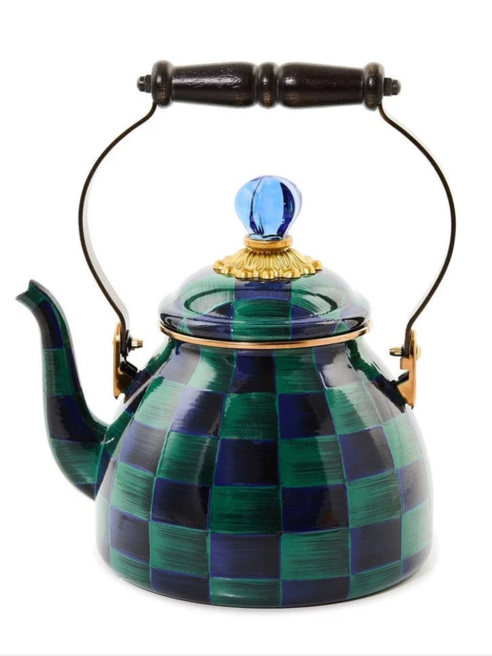 Mackenzie-Childs Juniper Check 2-Quart Tea Kettle. New in Box.